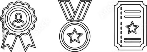 Three distinct achievement and certification icons displayed side by side isolated on transparent background, Vector