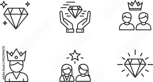 Illustrations of royal and gemstone-themed icons depicting hierarchy and value isolated on transparent background, Vector