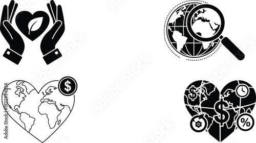 Four icons representing global collaboration, exploration, connectivity, and time management. isolated on transparent background, Vector