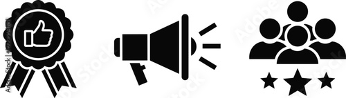 Icons representing achievement, communication, and community recognition isolated on transparent background, Vector