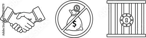 Handshake, coin exchange, and vault symbolizing business, finance, and security concepts isolated on transparent background, Vector