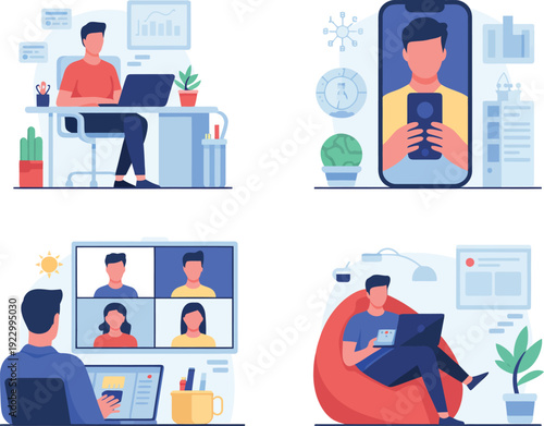 People working remotely and communicating online remote work