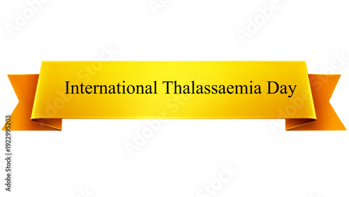 International Thalassaemia Day Golden Ribbon Banner , Glossy Yellow Awareness Scroll with Elegant Serif Typography isolated on transparent background for Healthcare Campaign, Blood Disorder Support 