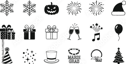 Holiday Celebration Icon Set, Christmas Tree, Halloween Pumpkin, Fireworks, Gifts, Mardi Gras, Party Hat, Snowflake Silhouette Vector Illustration Collection for Festive Design