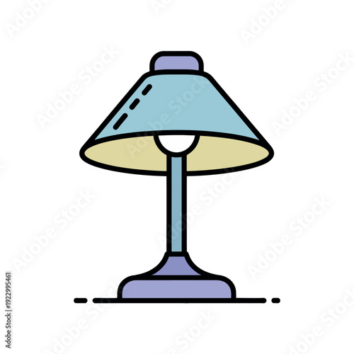 Simple desk lamp with blue shade emits a warm light over surface.