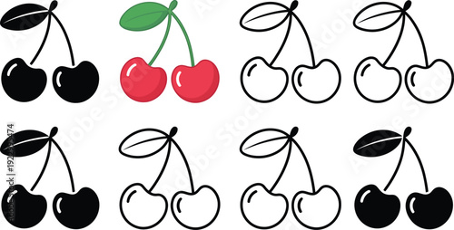 Set of cherry icons including red fruit with green leaf and black silhouette outlines isolated on white background for design.
