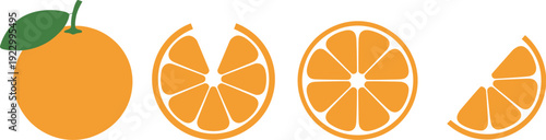 Set of orange fruit illustrations including whole orange with leaf half and sliced sections isolated on white background citrus vectors.