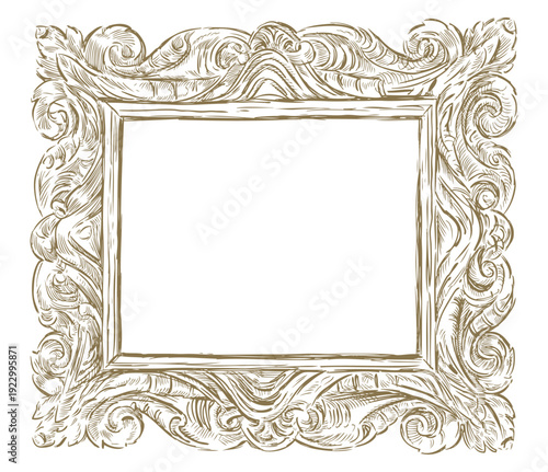Frame antique, decorative, golden, carved, vintage style, decor greeting, invitation card, vector hand drawn illustration isolated on white