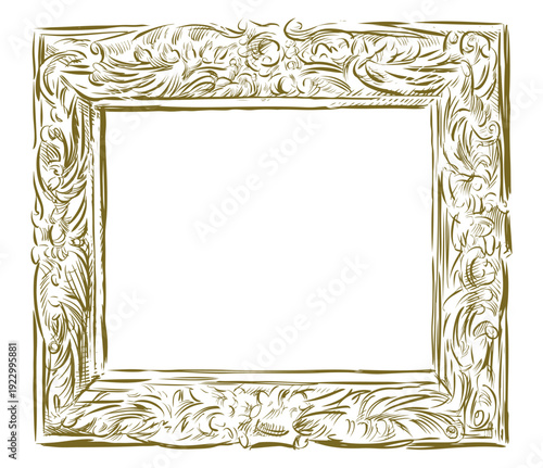 Frame vintage, decorative, golden, carved, retro style, decor greeting, invitation card, vector hand drawn illustration isolated on white