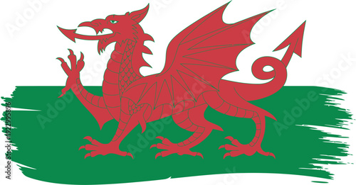 Red Dragon on a Green Brushstroke Background Keywords: dragon, red dragon, mythical creature