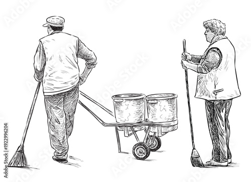 Two janitors, street cleaners with garbage cans, brooms, realistic sketch, vector hand drawn illustration isolated on white background