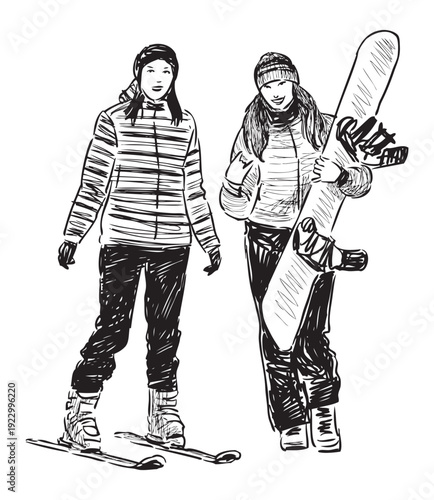Two young cheerful sports girls students, skiing, snowboarding, realistic sketch, vector, hand drawn illustration