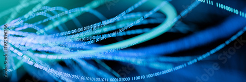 Glowing binary numbers on twisted internet cables, big data cybersecurity concept, high speed broadband connection, blockchain encryption visualization, futuristic wide format banner with copy space