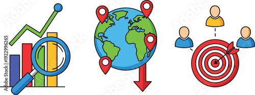Visualizing growth, global reach, teamwork, and target achievement concepts together isolated on transparent background, Vector