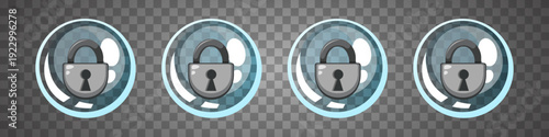Four identical security padlock icons in glossy blue bubbles on a transparent background, representing locked access or protection.