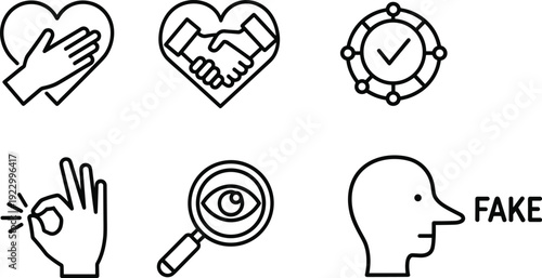 Visual icons representing various validation and authenticity indicators isolated on transparent background, Vector