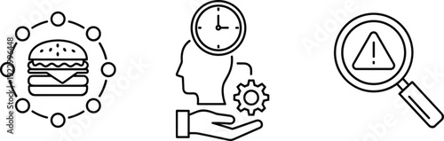 Icons representing technology, health, and food delivery services integration isolated on transparent background, Vector