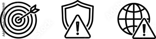Icons representing target focus, security alert, and global connectivity issues isolated on transparent background, Vector