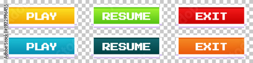 Retro Pixel Art Style Game Menu Button Set Including Play, Resume, and Exit Buttons in Multiple Colors for 8-bit Video Games.