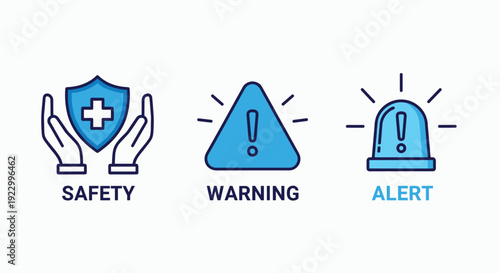 Visual symbols representing safety, warning, and alert notifications isolated on transparent background, Vector