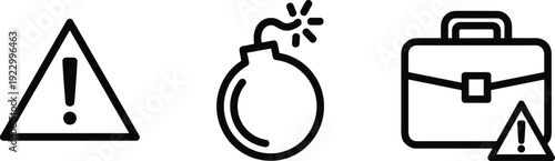 Symbols representing warning, explosive hazard, and luggage or briefcase with caution isolated on transparent background, Vector