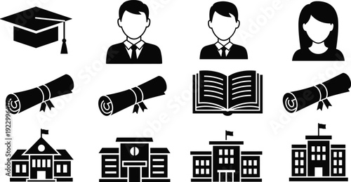 Illustrations of education, graduation, and academic achievements with icons isolated on transparent background, Vector