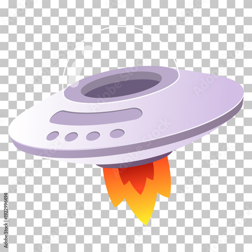 Illustration of a flying saucer or UFO with orange and yellow flames emitting from its underside, suggesting it is taking off or in flight.