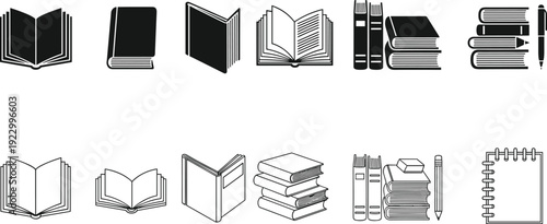 Collection of icons representing various types of books and reading materials isolated on transparent background, Vector