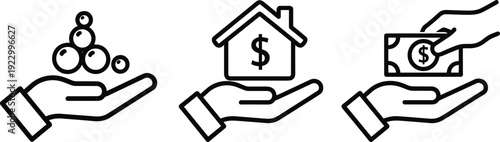 Illustrations of financial investments, property, and savings in hand icons isolated on transparent background, Vector