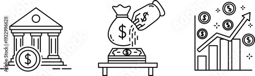 Illustrations depicting financial concepts including banking, investment, and trading isolated on transparent background, Vector