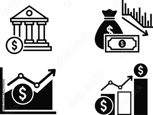 Four distinct icons representing financial growth, stability, and investment strategies isolated on transparent background, Vector