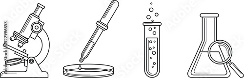 Essential tools used in basic laboratory experiments and scientific research isolated on transparent background, Vector
