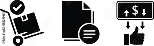 Icons representing delivery, document handling, and financial transaction processes isolated on transparent background, Vector