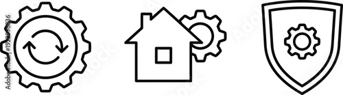 Three icons representing technology, smart home, and cybersecurity concepts isolated on transparent background, Vector