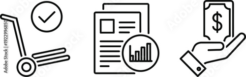 Essential services represented by delivery, documentation, and payment icons isolated on transparent background, Vector