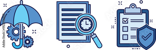 Illustrations depicting insurance, document review, and claim verification processes isolated on transparent background, Vector