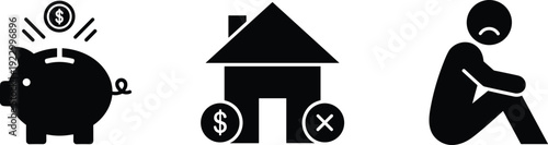 Financial struggles and housing instability depicted through simple icons isolated on transparent background, Vector