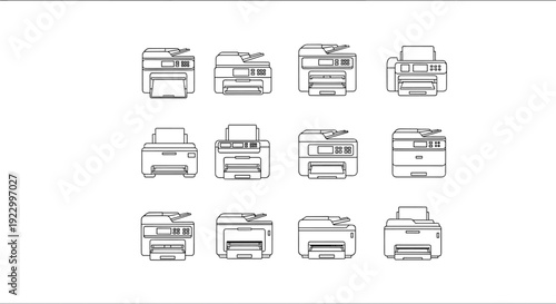 Collection of various types of printers and scanners in black and white line art isolated on transparent background, Vector