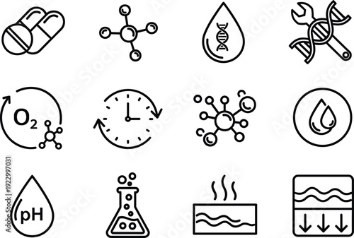 Iconic representations of various scientific and laboratory-related symbols isolated on transparent background, Vector