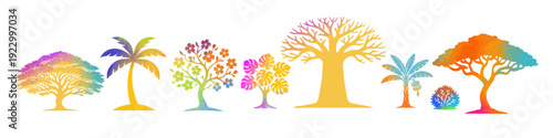 colored fruit tree cartoon set. A set of different trees. Hand drawn. Not AI, vector illustration.