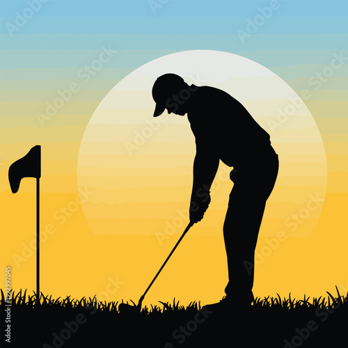 Silhouette of golfer swinging club at sunset sunrise