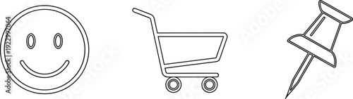 Simple icons representing emotions, shopping, and pinning actions isolated on transparent background, Vector