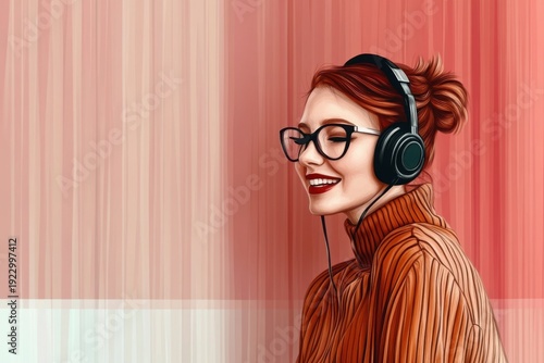 Minimalistic digital portrait of a smiling woman with headphones