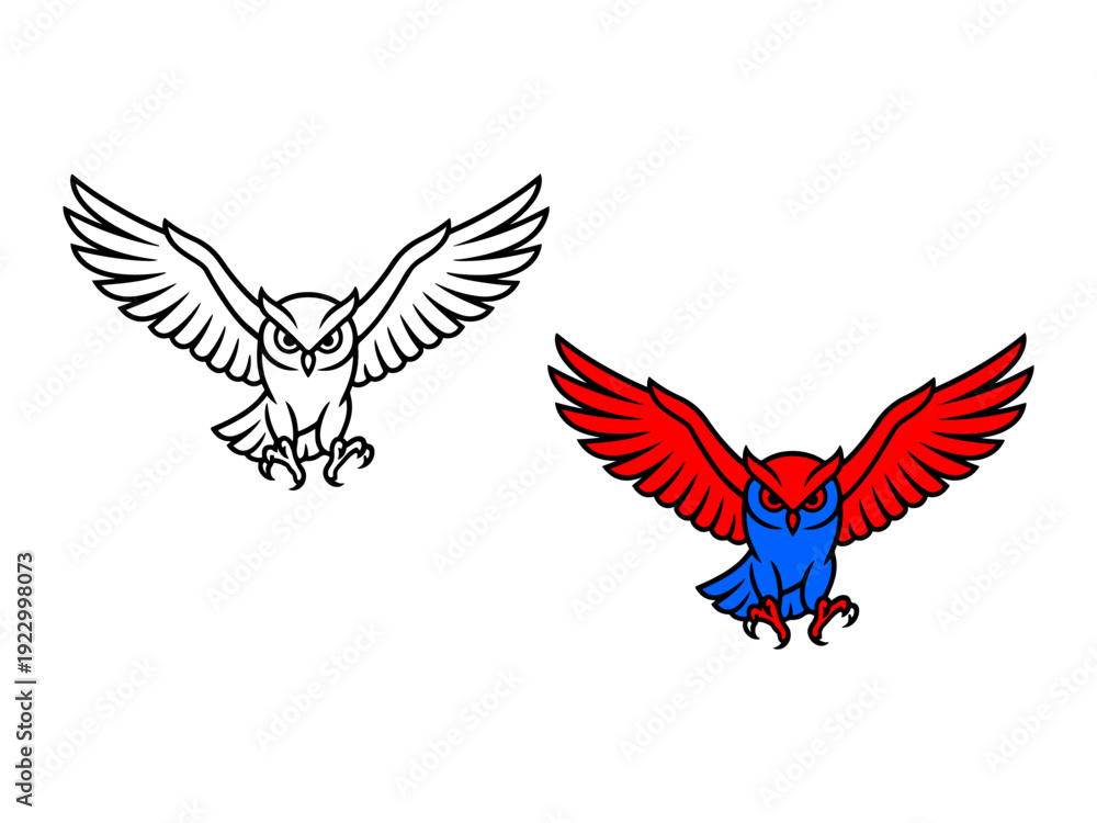 Fototapeta premium Owl Swooping Down Hunting Minimal Black Line Vector