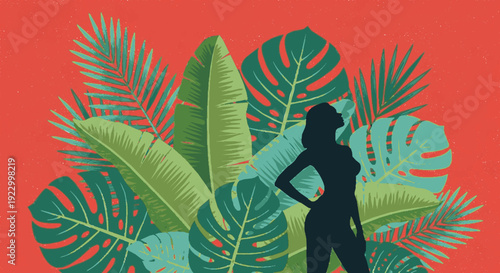 Woman silhouette standing confidently amidst lush tropical green leaves on vibrant red background
