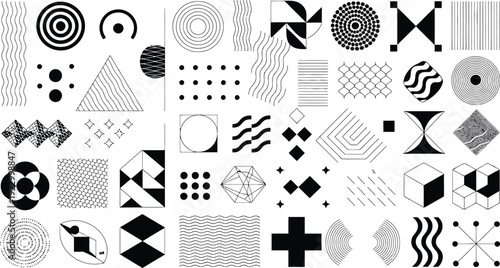 Black and white seamless pattern set with hearts and stars in a retro geometric vector design perfect for wallpaper, cards, and decorative backgrounds