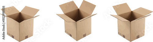 Open brown cardboard box isolated on white background for packaging and shipping