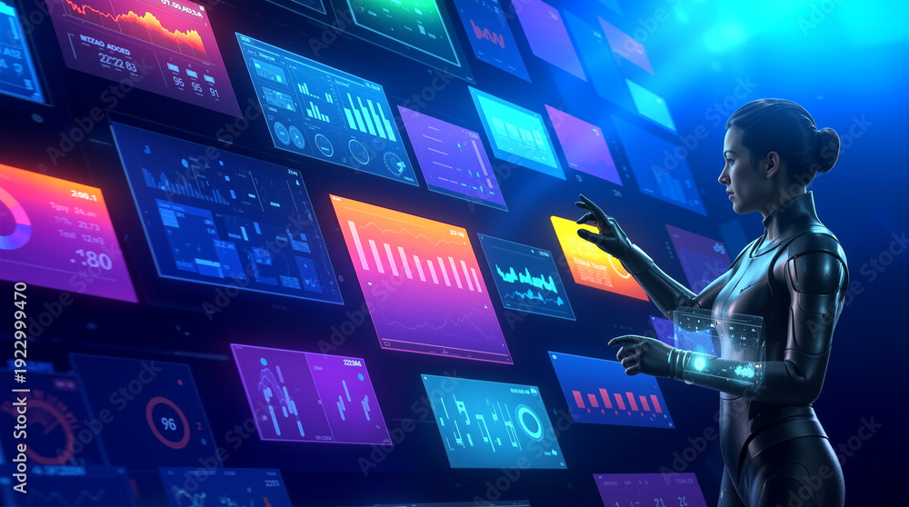 Fototapeta premium Data analyst interacting with holographic financial dashboard. Professional woman in futuristic suit monitoring stock market trends and digital analytics on virtual screens.