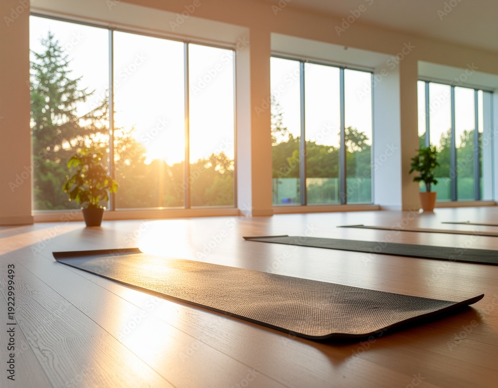 Fototapeta premium A modern workout room with yoga mats and soft warm lighting, blurred for use as a design background.