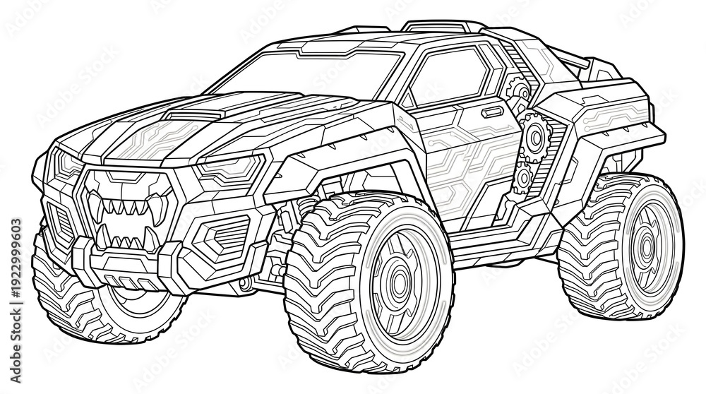 Fototapeta premium Sci-Fi Monster Truck Outline Drawing for Kids Coloring Book and Comic Illustration